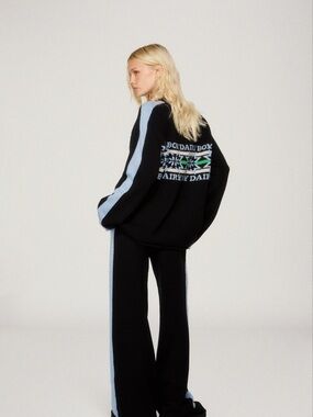 Black Wide-Leg Knit Pants with Light Blue Side Stripe